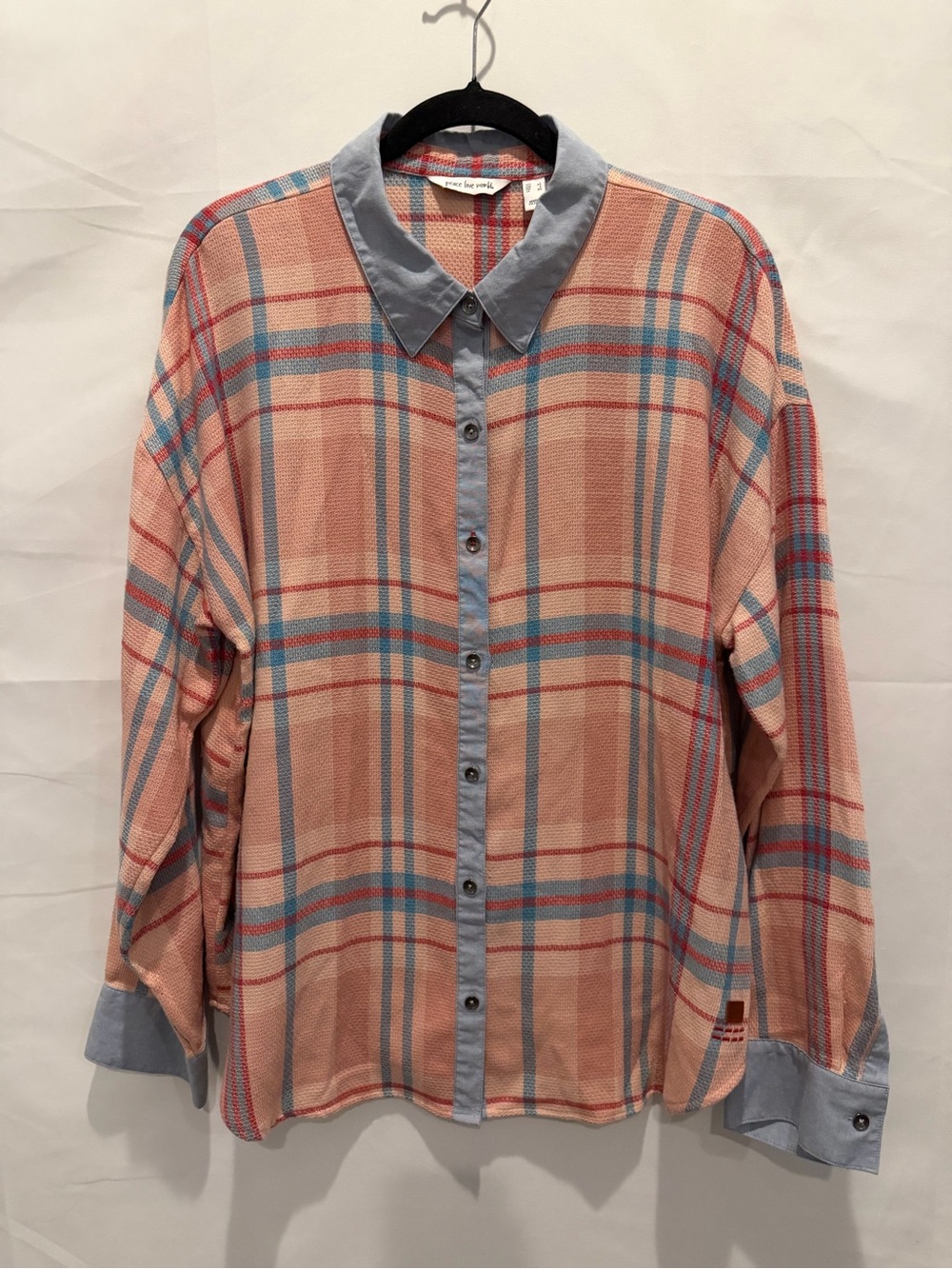 NWOT peace love world Peach Plaid Button-Up Shirt with Blue Trim.size L. cozy